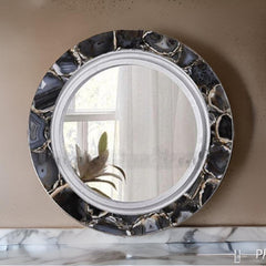 Black Agate Round Mirror – Elegant Gemstone Wall Art