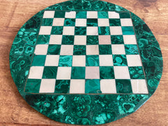 Handcrafted Malachite and Marble Mosaic Chessboard - Elegant Green and White Checkered Design"