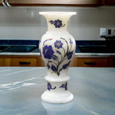 Luxury White Marble Vase with Blue Floral Inlay – Handcrafted Home Décor & Gifts