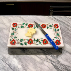 Handcrafted Marble Inlay Cutting Board – Elegant Floral Design for Luxury Kitchens