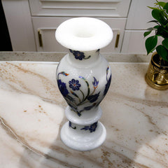 Luxury White Marble Vase with Blue Floral Inlay – Handcrafted Home Décor & Gifts