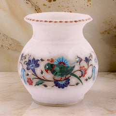 Handcrafted Pink Marble Vase with Exotic Parrot & Floral Inlay Design – Elegant Home Décor