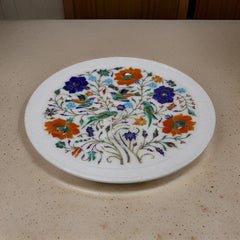 Handcrafted White Marble Inlay Plate Exquisite Floral & Bird Pietra Dura Artwork