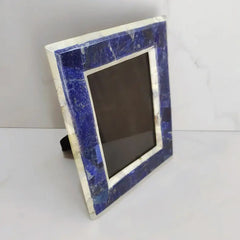 Handcrafted Lapis Lazuli and Marble Photo Frame Elegant Blue and White Decorative Frame