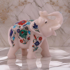 Handcrafted White Marble Elephant with Floral Inlay – Decorative Figurine