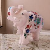 Handcrafted White Marble Elephant with Floral Inlay – Decorative Figurine