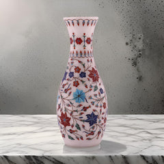 Elegant Pink Marble Vase with Floral Inlay – Handcrafted Home Décor Masterpiece