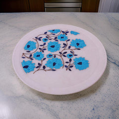 Handcrafted White Marble Inlay Plate with Floral and Bird Pietra Dura Design Luxury Home Decor