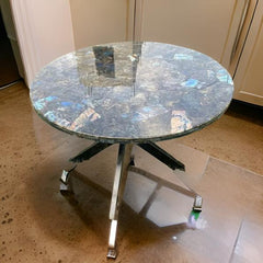 Modern Round Labradorite Gemstone Table with Sleek Metal Base – Luxury Crystal Accent Table