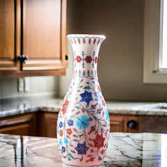 Elegant Pink Marble Vase with Floral Inlay – Handcrafted Home Décor Masterpiece
