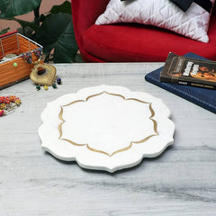 Elegant White Marble Decorative Tray – Handcrafted Lotus Design with Gold Inlay
