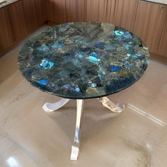 Elegant Round Labradorite Gemstone Table with Curved Metal Base – Luxurious Natural Stone Furniture