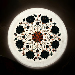 Handcrafted White Marble Inlay Plate with Green Floral Pietra Dura Design Elegant Home Decor
