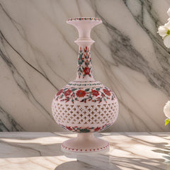 Handcrafted White Marble Vase with Floral Inlay & Jali Cutwork – Elegant Home Décor Accent