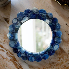 Blue Agate Slice Round Mirror – Handmade Gemstone Wall Decor