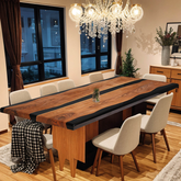 Modern Black Epoxy River Dining Table Custom Live Edge Walnut with Minimalist Elegance