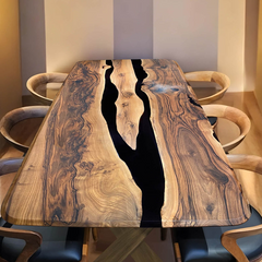Artisan Black Epoxy River Table Live Edge Walnut with Flowing Natural Grain