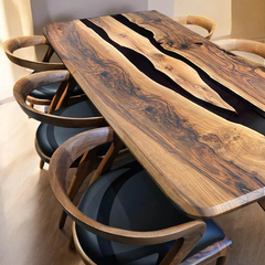Artisan Black Epoxy River Table Live Edge Walnut with Flowing Natural Grain