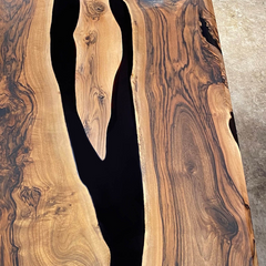 Artisan Black Epoxy River Table Live Edge Walnut with Flowing Natural Grain