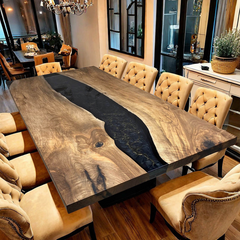 Black Walnut Epoxy River Dining Table Handcrafted Luxury with Midnight Swirl Resin