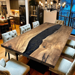 Black Walnut Epoxy River Dining Table Handcrafted Luxury with Midnight Swirl Resin