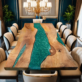 Luxury Green Epoxy River Dining Table Live Edge Wood Statement Piece for Sophisticated Interiors