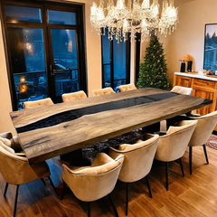 Black Walnut Epoxy River Dining Table Handcrafted Luxury with Midnight Swirl Resin