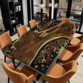 Custom Black Walnut Epoxy Resin Floral Dining Table Nature-Inspired Luxury with Botanical Elegance