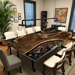 Custom Black Walnut Epoxy Resin Floral Dining Table Nature-Inspired Luxury with Botanical Elegance