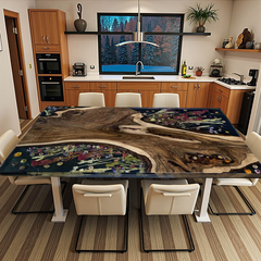 Custom Black Walnut Epoxy Resin Floral Dining Table Nature-Inspired Luxury with Botanical Elegance