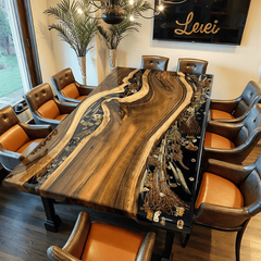 Luxury Live Edge Black Walnut Epoxy Resin Table with Botanical Inlay Handcrafted 10-Seater Statement Piece