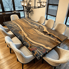 Luxury Live Edge Black Walnut Epoxy Resin Table with Botanical Inlay Handcrafted 10-Seater Statement Piece