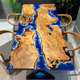 Custom Olive Wood & Ocean Blue Epoxy River Table Coastal-Inspired Live Edge Dining Art