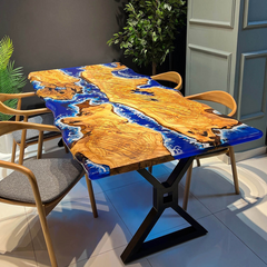Custom Olive Wood & Ocean Blue Epoxy River Table Coastal-Inspired Live Edge Dining Art