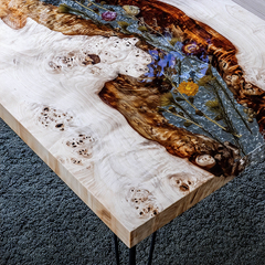 Luxury Custom Poplar Burl & Epoxy Resin Dining Table – Floral Inlay Design
