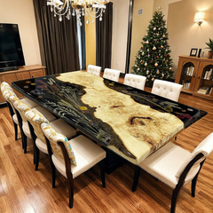 Luxury Floral Inlay Live Edge Poplar Epoxy Resin Dining Table Nature-Inspired Artistry for Elegant Interiors