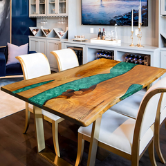 Elegant Green Epoxy River Dining Table Custom Live Edge Walnut Statement Piece