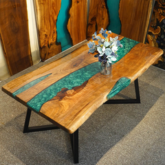 Elegant Green Epoxy River Dining Table Custom Live Edge Walnut Statement Piece