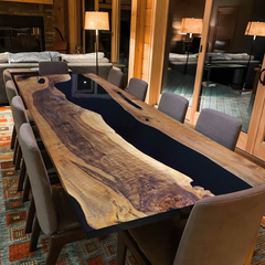 Custom Black Epoxy River Dining Table Live Edge Walnut Wood Statement Piece