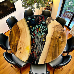 Round Live Edge Walnut & Epoxy Resin Table with Colorful Botanical Inlay – 8-Seater Centerpiece