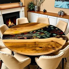 Round Live Edge Walnut & Epoxy Resin Table with Colorful Botanical Inlay – 8-Seater Centerpiece