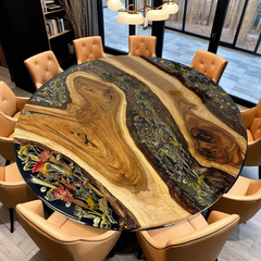 Custom Walnut & Epoxy Resin Round Dining Table with Embedded Dried Flowers