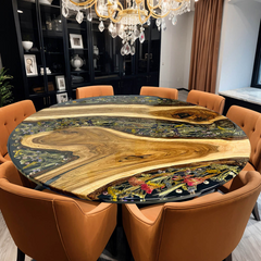 Custom Walnut & Epoxy Resin Round Dining Table with Embedded Dried Flowers
