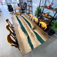 Rustic Live Edge Wood Dining Table with Emerald Green Epoxy River and Natural Grain Design