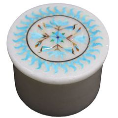 Round White Marble Jewelry Storage Box Inlaid Turquoise Gemstone in Usa
