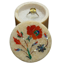 Carnelian Gemstone Inlaid Pink Marble Handmade Ring Box