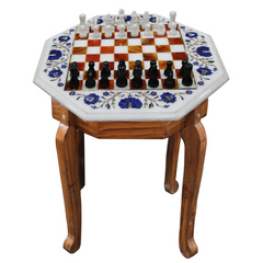 Jasper Stone Inlay Marble Chess Set With Wooden Furniture