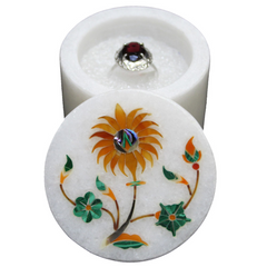 White Round Marble Ring Box with Multi-Stone Inlay – Elegant Jewelry Storage USA
