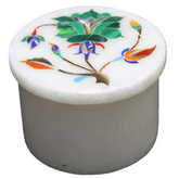 Round White Marble Trinket Box with Floral Inlay Design