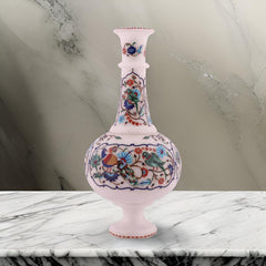 Handcrafted White Marble Inlay Vase – Floral & Peacock Design | USA Sale